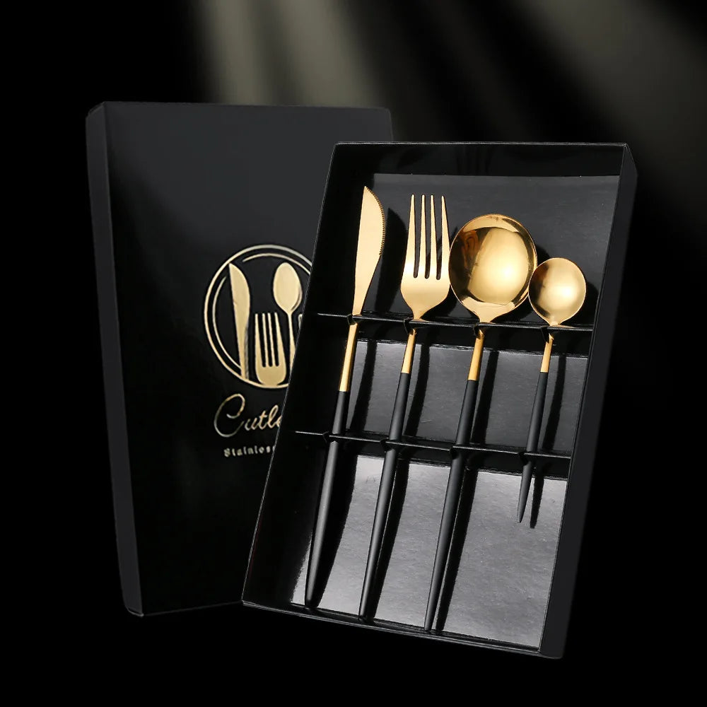 2PC/4PC Cutlery Set Stainless Steel Glossy Titanium Black Gold Cutlery Knife Fork Spoon Tea Spoon Set Kitchen Accessories