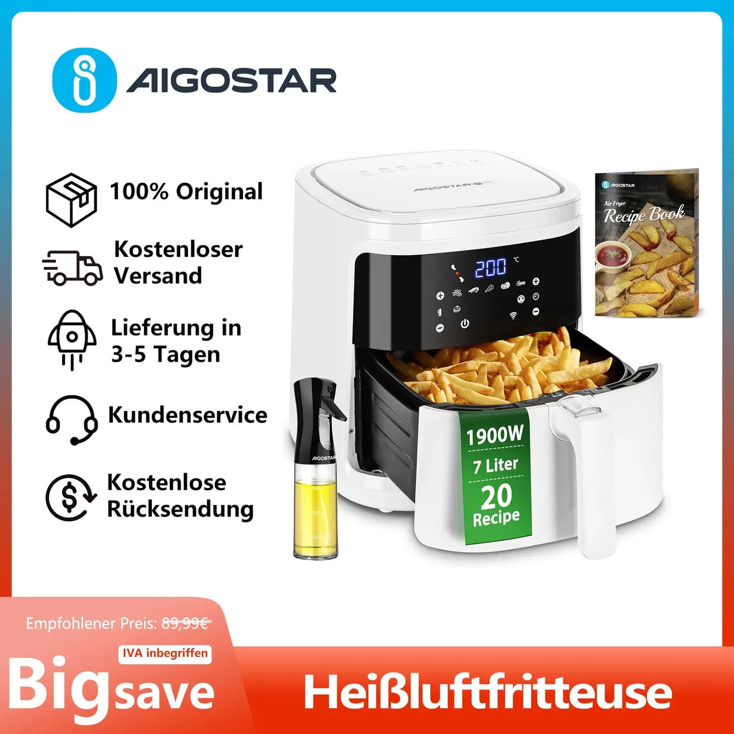 Aigostar White Cube 7L 1900W Smart Air Fryer Without Oil, App and WiFi Control, 7 Programmes with LED Screen, Removable Basket