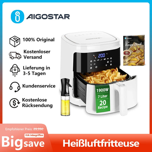 Aigostar White Cube 7L 1900W Smart Air Fryer Without Oil, App and WiFi Control, 7 Programmes with LED Screen, Removable Basket