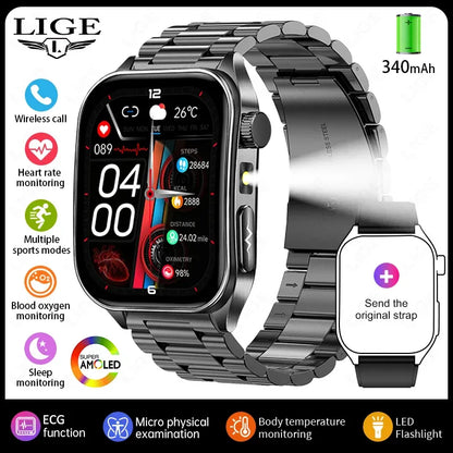 LIGE New Accurate ECG+PPG Smart Watch Laser Therapy Blood Lipid Uric Acid BP Heart Health Analysis BT Call Smartwatch Men Women