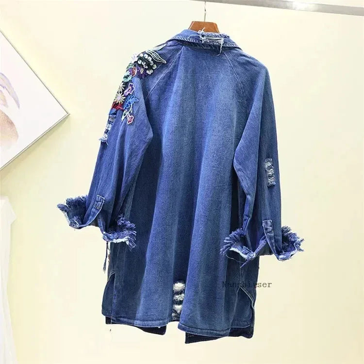 Spring Autumn Loose Vintage Flower Embroidered Denim Jacket Women Single-breasted Casual Raw Fringe Hole Jeans Jackets Female