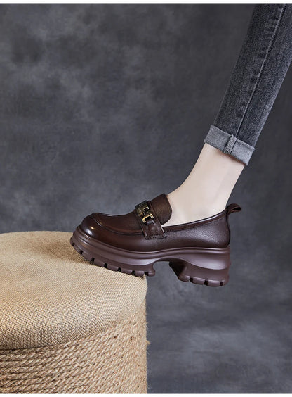 DRKANOL Women Genuine Leather Loafers 2026 Spring Autumn Thick High Heel Chunky Platform Handmade Retro Metal Trend Casual Shoes