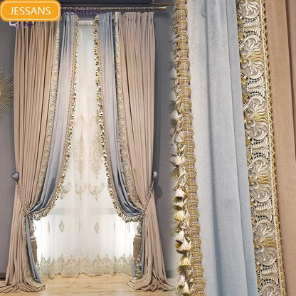 2025 Custom Curtain New Modern Luxury European Thick Velvet Embroidery Yarn Cloth Blackout Curtain for Living Room Bedroom
