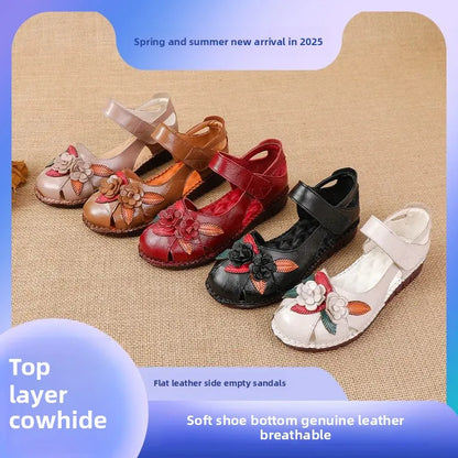 New 2025 Ladies Flat Sandals Soft Leather Anti-Slip Bottom Ethnic Style Comfortable Soft Surface Design for Elderly People