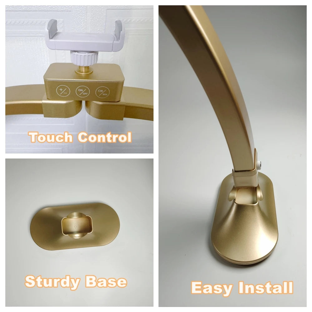 32inch Half Moon Light Gold for Nail Desk  Fill Light Folded Arch Light for Nail Lamp with Phone Stand Manicure Handicraft Light