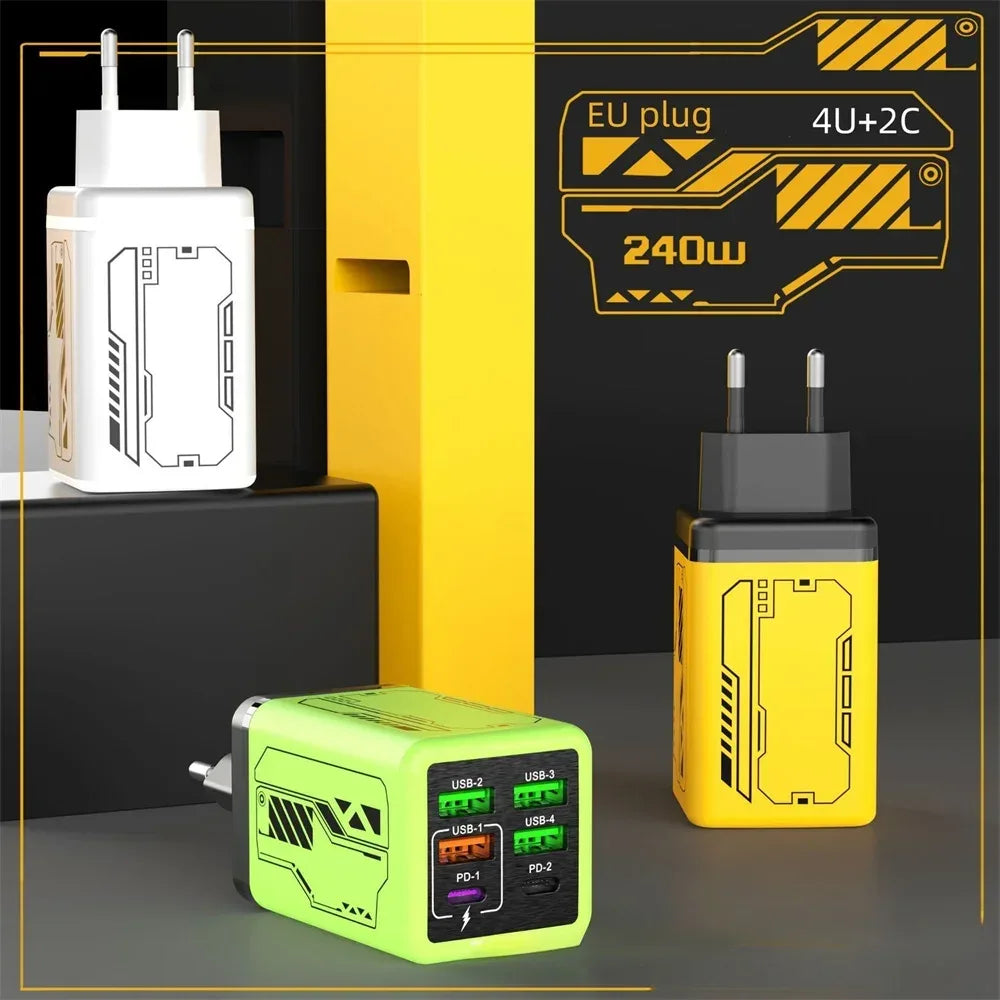 240W 6 Ports USB C Charger Fast Charging EU/US/UK Wall Charger For iPhone Samsung Xiaomi Type C Quick Charge Phone Power Adapter