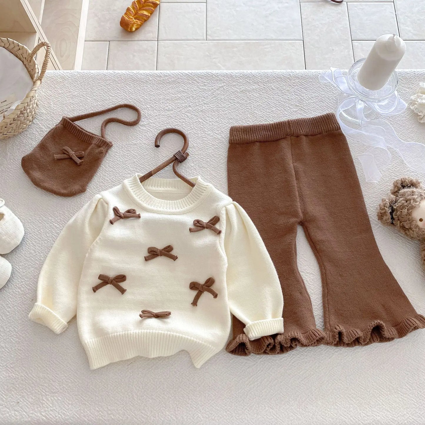 Baby Girl 3-Piece Knitted Outfit Set  Autumn Cute Bowknot Cream Sweater + Brown Ruffle Flared Pants + Mini Bag Girls Clothing