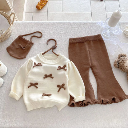 Baby Girl 3-Piece Knitted Outfit Set  Autumn Cute Bowknot Cream Sweater + Brown Ruffle Flared Pants + Mini Bag Girls Clothing