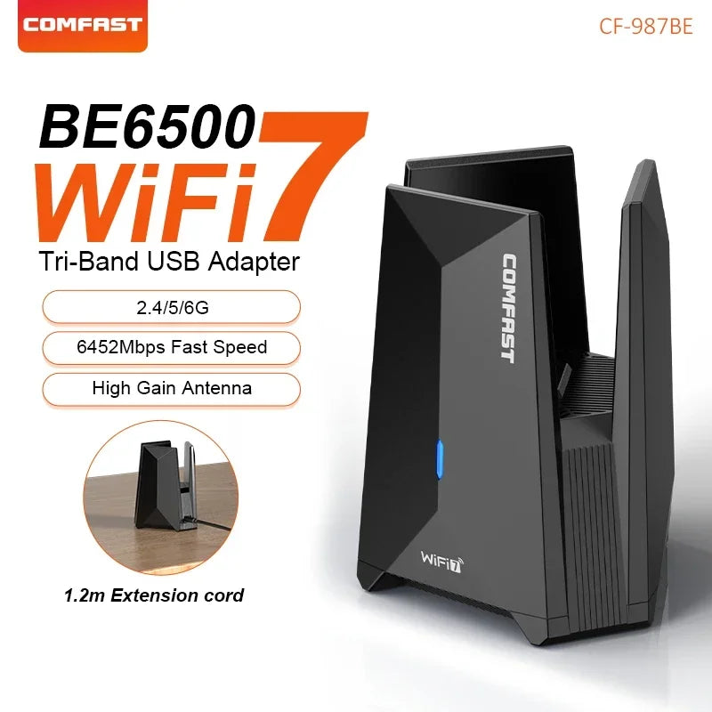 COMFAST USB WiFi 7 Wi-fi adapter 6452Mbps Network Card USB3.0 Tri-band Wifi Dongle 2.4G/5.8G/6G Driver-Free For PC Win10/11
