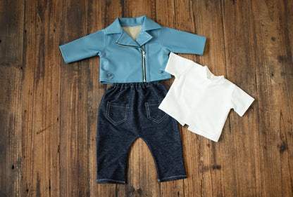 Newborn Photography Clothes for Baby Boy Cool Leather Jacket Clothing Musician Guirar Set Props for Studio Photoshoot Props