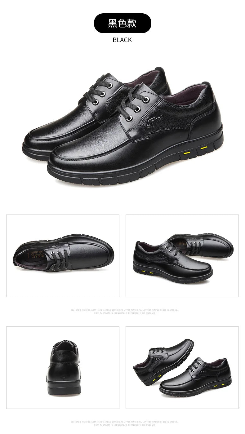 Autumn Men's Leather Shoes True Cowhide Flat Bottom Anti-Slip Plus Size Casual Elderly Father Shoes Rubber Sole China Made