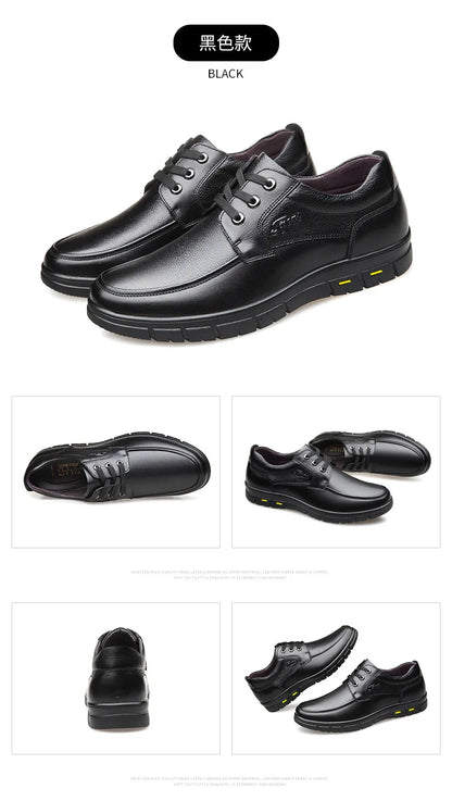 Autumn Men's Leather Shoes True Cowhide Flat Bottom Anti-Slip Plus Size Casual Elderly Father Shoes Rubber Sole China Made