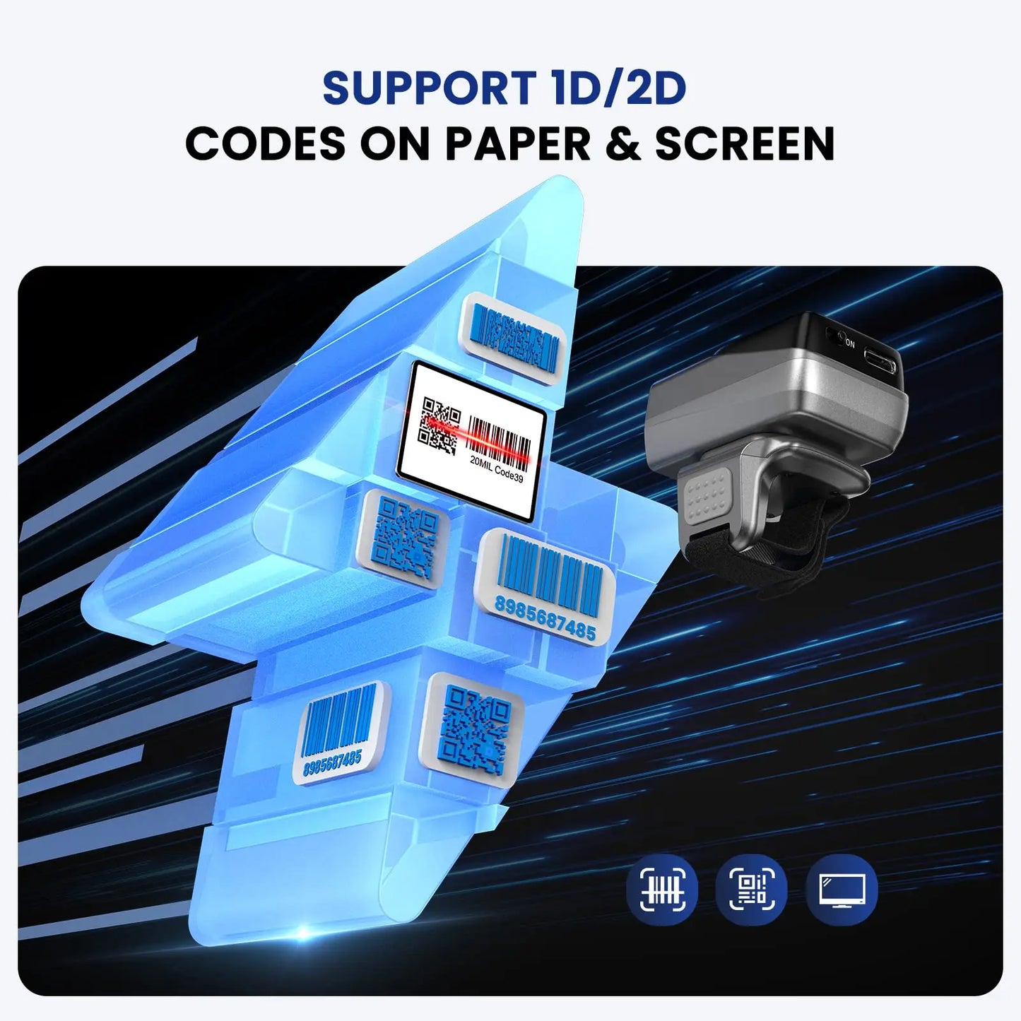 Eyoyo EY-038 Ring Barcode Scanner with Screen.1D Laser/2D Mini Wearable Bluetooth Finger QR Code Reader.Support Screen Scanning