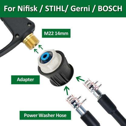 High Pressure Washer Gun & Foam Cannon Kit - 1/4" Quick Connect with M22-14 Adapter for Karcher K/Nilfisk/Bosch Washer