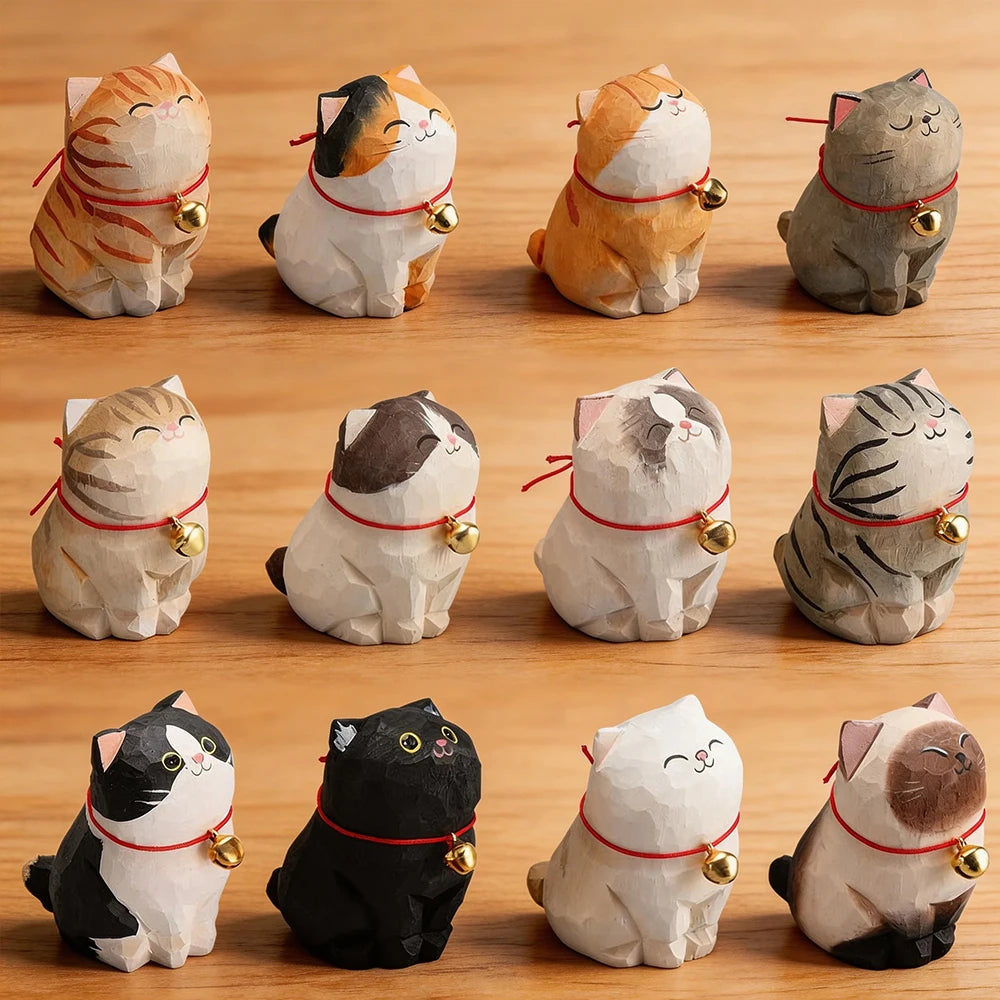 Cute Cat Animals Figurine Decorative Wooden  Ornament Kitten Statue Calico Golden gradient cat Home Office Desk Car Decor Gift