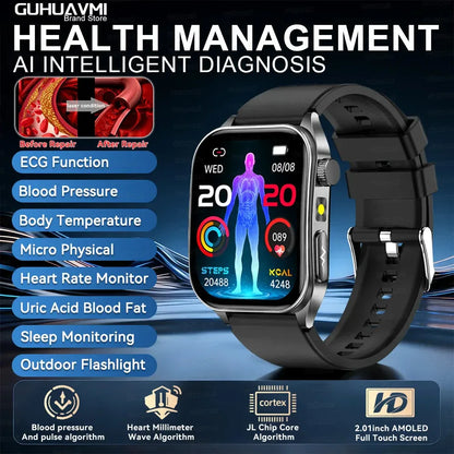 New 650nm Dual probe laser Health Smart Watch ECG+PPG Blood pressure Uric Acid Blood lipids AMOLED Physical therapy Smartwatches