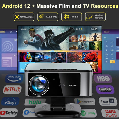 2025 HORLAT 45000 Lumens 4K UHD Projector Laser TOF Focus Android 12 WiFi 6 1080P Full HD Daylight Home Theater Movie Projector
