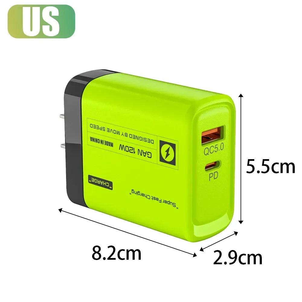 120W USB C 2Ports Charger Kit Green Wall Plug EU/US Adapter Fast Charging For iPhone iPad Samsung Xiaomi USB Type C Data Cables