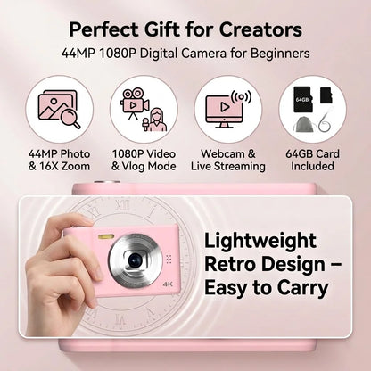 FUNNY PANDA Pink Digital Camera, 44MP 1080P Vlogging Camera with 16X Zoom, 2.2 Inch Screen, Self Timer, Webcam Mode, Plug and Play, 64GB Card Included, Ultra Lightweight Compact Retro Design