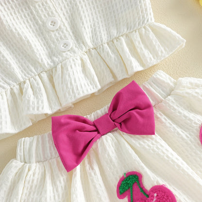 Sweet Baby Girl Summer Outfit Contrast Trim Ruffled Hem Cami Tops Cherry Applique Bow Skorts 2 Piece Girls Set