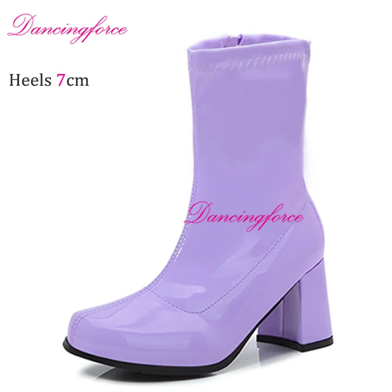 Sexy Gogo Boots 60s 70s Square Heel Ankle Classic Round Toe Boots Shiny Golden Zip Boots Unisex Party Dress Dance Shoes Woman