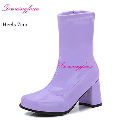 Sexy Gogo Boots 60s 70s Square Heel Ankle Classic Round Toe Boots Shiny Golden Zip Boots Unisex Party Dress Dance Shoes Woman