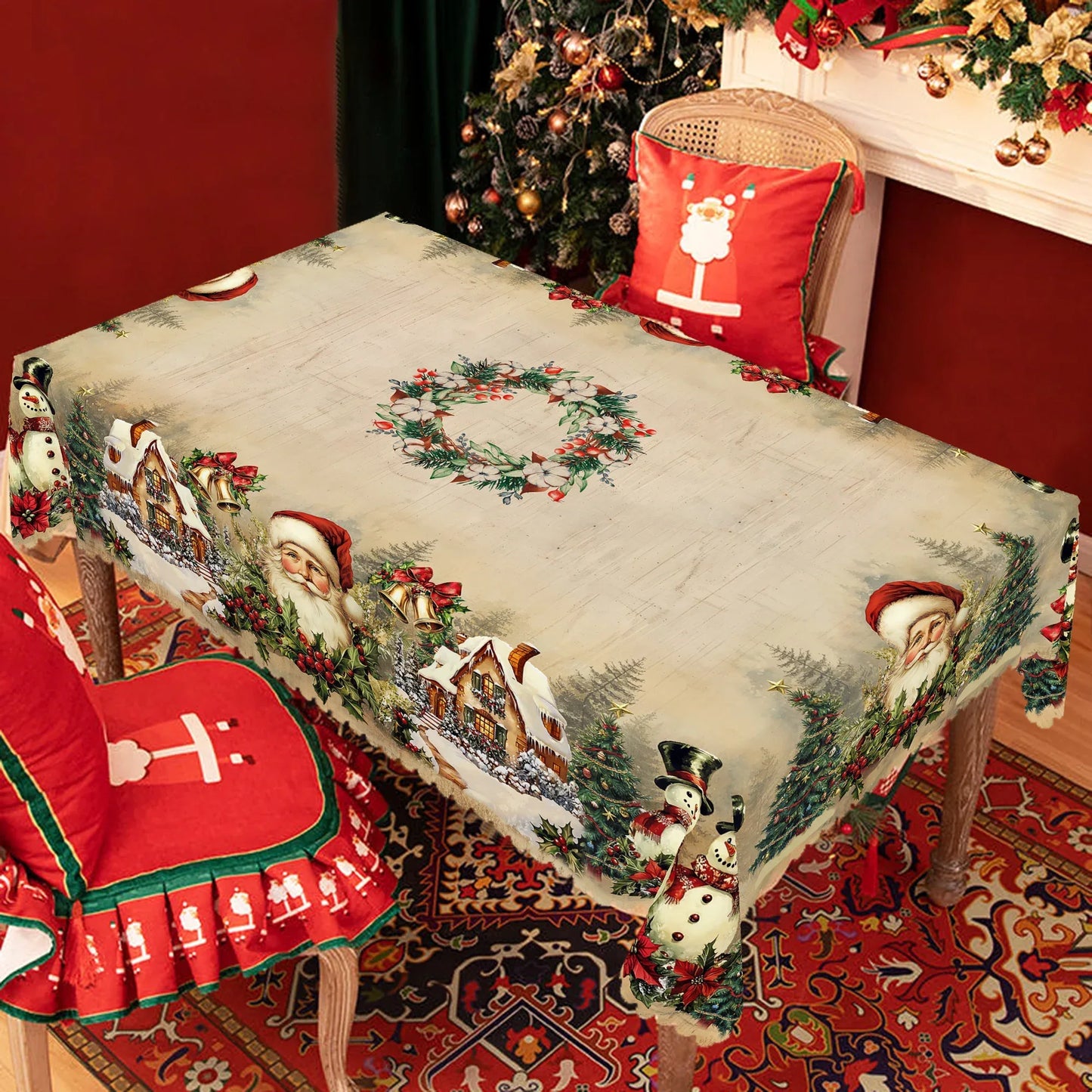 1 Piece Christmas Round and Rectangular Tablecloth, Various Sizes, Retro Santa Claus and Christmas Tree Print Design Pattern Tablecloth, Christmas Garden Tablecloth Decoration, Tablecloth for Daily Home Kitchen, Terrace, Gift