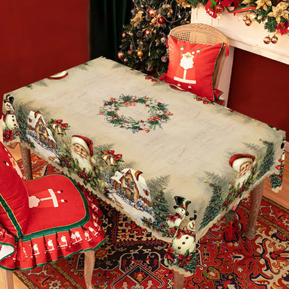 1 Piece Christmas Round and Rectangular Tablecloth, Various Sizes, Retro Santa Claus and Christmas Tree Print Design Pattern Tablecloth, Christmas Garden Tablecloth Decoration, Tablecloth for Daily Home Kitchen, Terrace, Gift