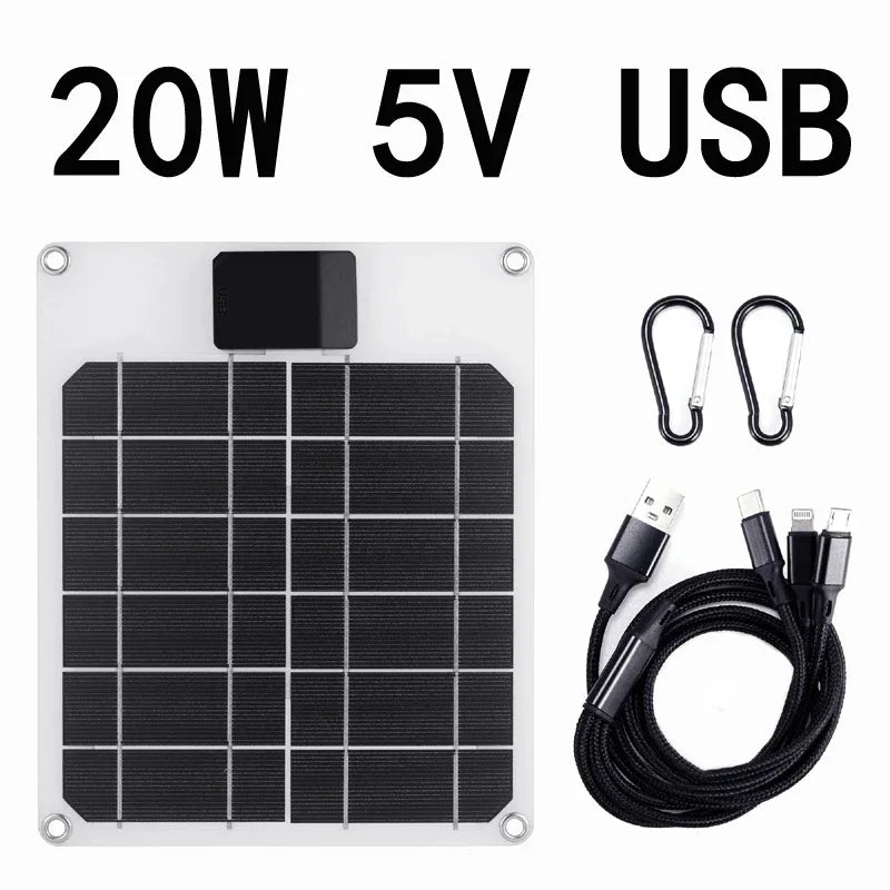 Solar Panel 20W-100W USB Type-C Waterproof Outdoor Hiking Camping Portable Battery Mobile Phone Charging Bank Charging Panel 5V