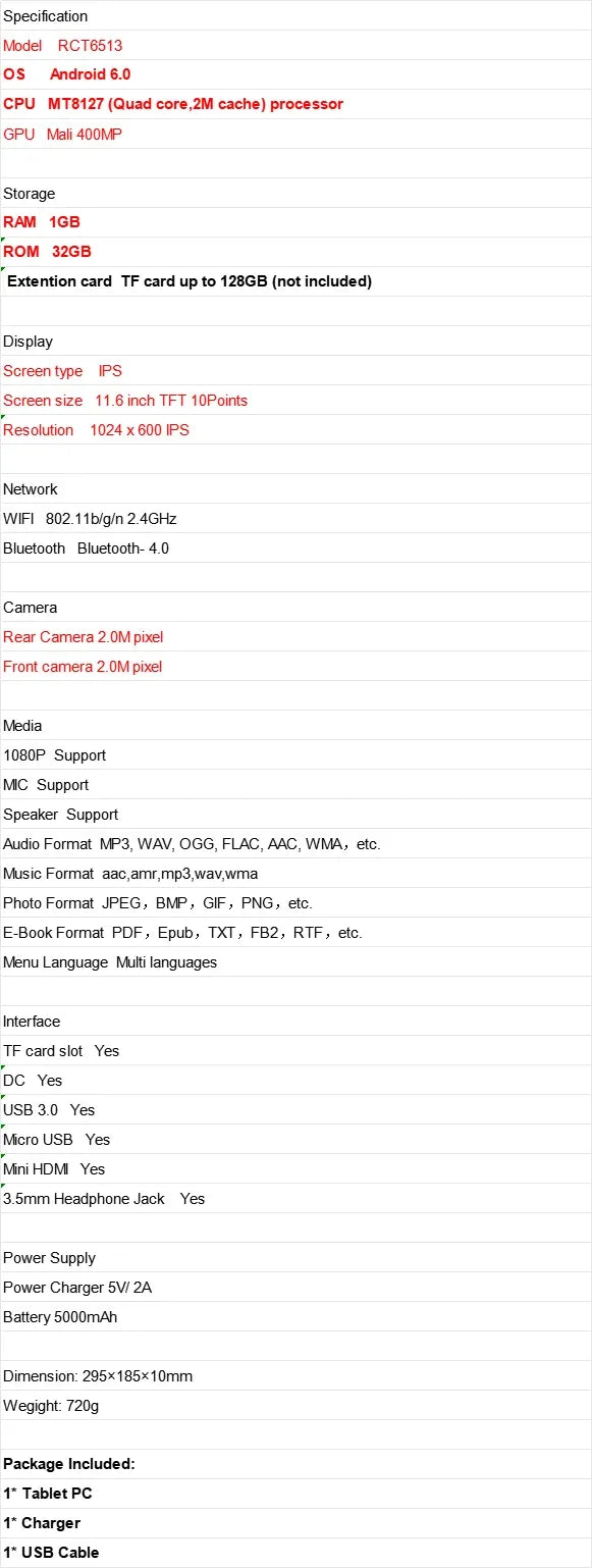 RCT 11.6"  Android 6.0 Tablet TFT 10Points MT8127 Quad Core 1GB RAM 32GB ROM WIFI Bluetooth- 4.0 Mini HDMI