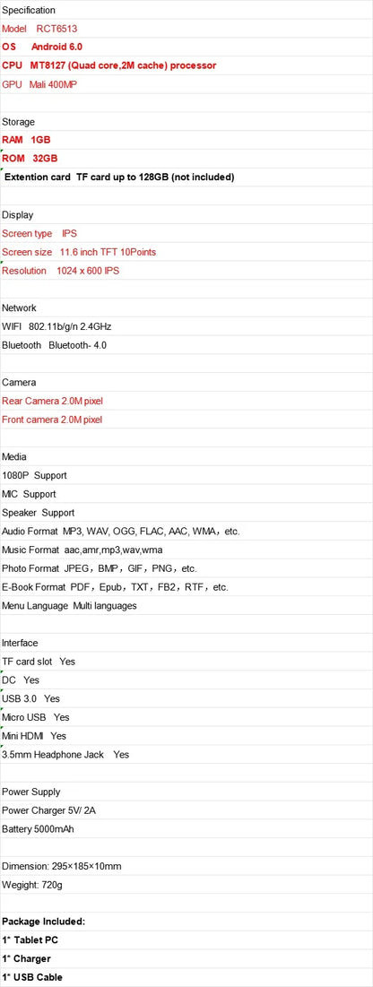 RCT 11.6"  Android 6.0 Tablet TFT 10Points MT8127 Quad Core 1GB RAM 32GB ROM WIFI Bluetooth- 4.0 Mini HDMI
