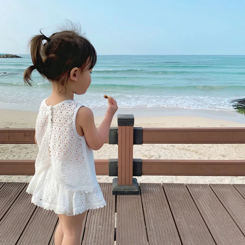 2Pcs Summer Kids Girl White Dress Sets Korean Princess Baby Sleeveless Skirt Hollow Cotton Chidlren Outfits Two Pieces Clothes