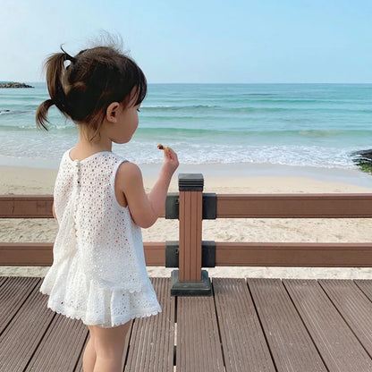2Pcs Summer Kids Girl White Dress Sets Korean Princess Baby Sleeveless Skirt Hollow Cotton Chidlren Outfits Two Pieces Clothes