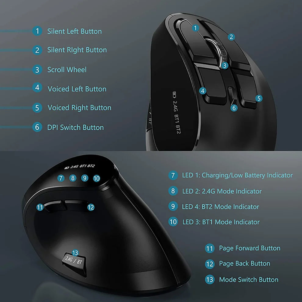 JOMAA 2.4G Wireless Mouse Rechargeable Bluetooth Mouse Ergonomic Vertical Mouse for Mac Windows Laptop Tablet Gaming Mause