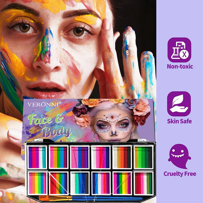 Palette de maquillage pour le visage et le corps à 12 cases, palette arc-en-ciel bicolore, maquillage à base d'eau non toxique pour Halloween et autres fêtes.