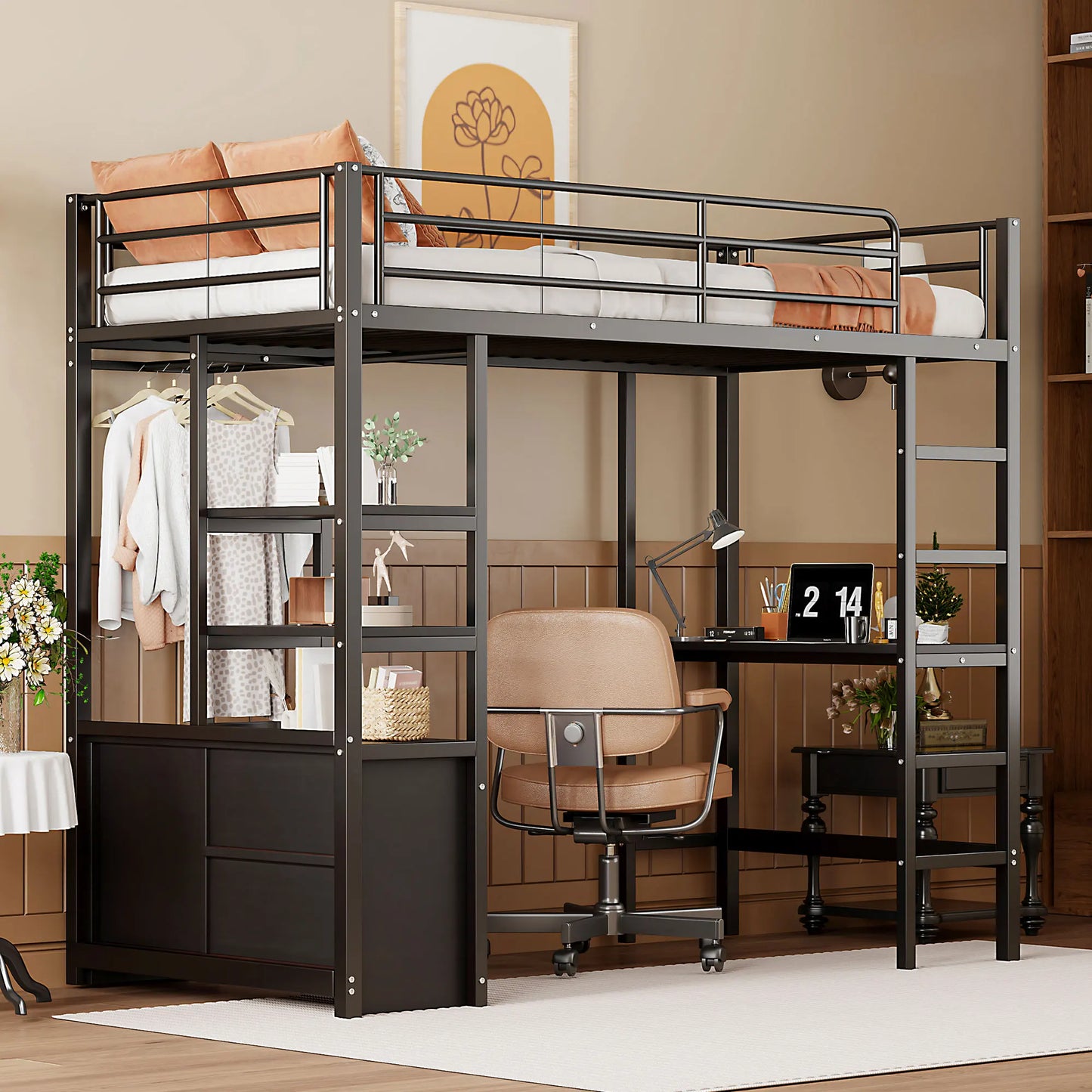 High bed 90 × 200 cm with crash protection, child bed with desk & USB, youth bed with shelves & open storage cabinet