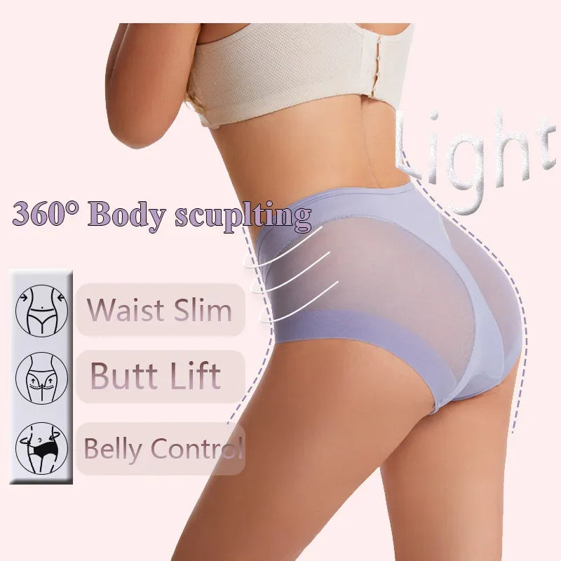 Ice Silk Women Underwear Panties Transparent Mesh Gauze Corset Waist Slimming Black Briefs Female Trainer Shaping Underpants2024