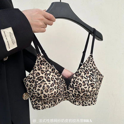 YUQI Leopard Print Bra - Ultra Thin No Underwire, Anti-Sag Bralette, Big/Small Chest Lightweight Gather, Breathable Smooth