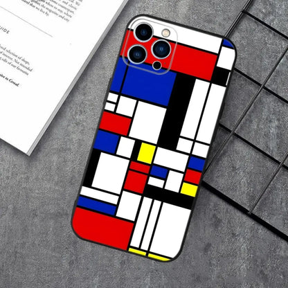 Pattern Abstract Piet Mondrian Phone Case For iPhone 16,15,14,13,12,11,XS,XR,X,8,7,Pro,Max,Plus,mini Silicone Black Cover