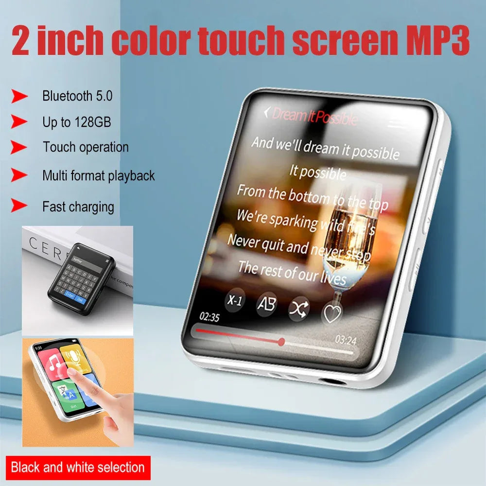 2 inch Display Screen Portable MP3 Player BT 5.0 Touch Screen Music Player with Speakers Support FM Radio Recording E-Book