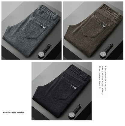 Casual Pants Men Winter New Fleece Business Elastic Waist Slim Korean Warm Thick Brushed Plush Trousers Male 28-38
