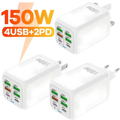 150W Multi Port USB Charger 6 Ports Fast Charge Phone Charger Wall Adapter For iPhone Samsung Xiaomi EU/US/UK Plug Quick Charger