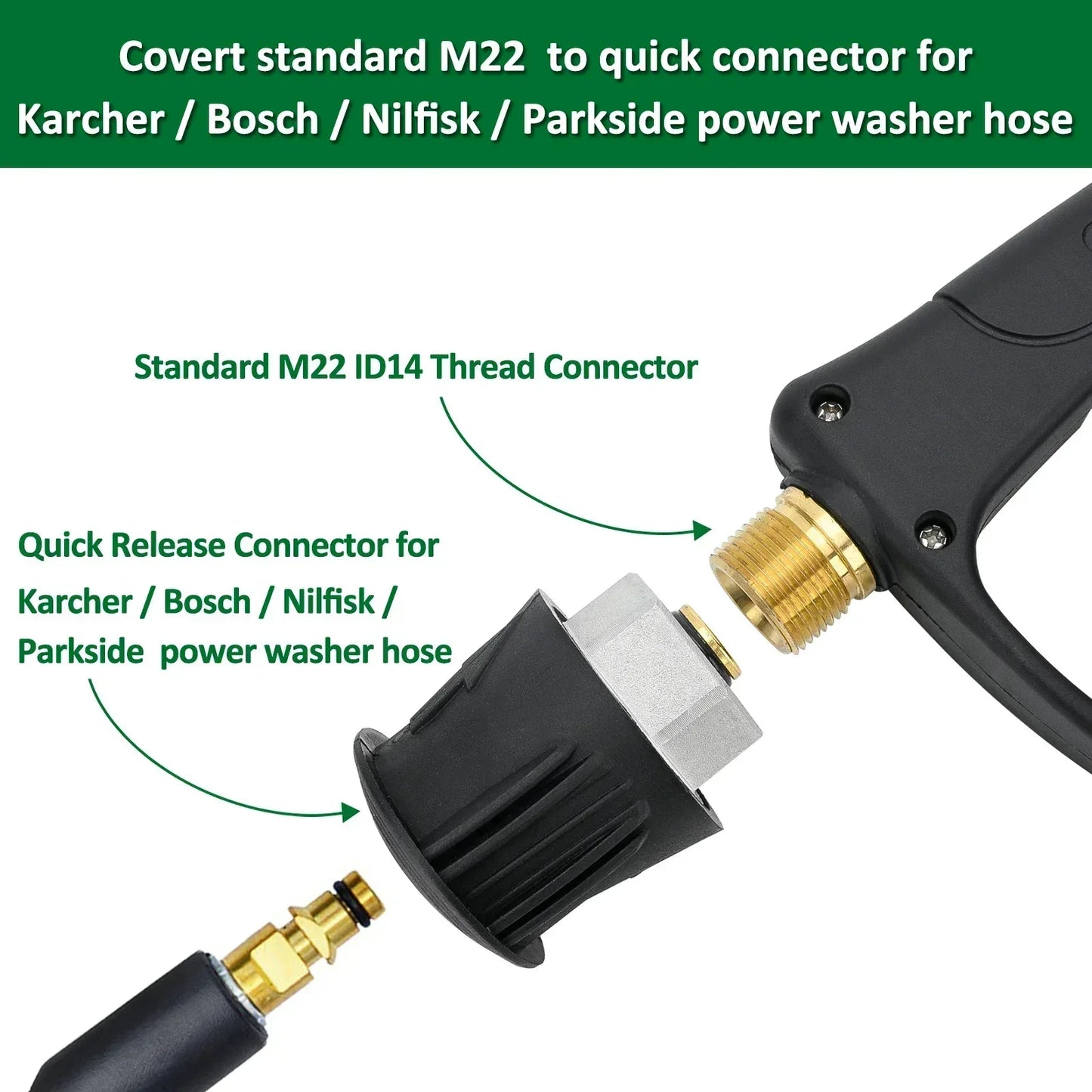 High Pressure Washer Gun & Foam Cannon Kit - 1/4" Quick Connect with M22-14 Adapter for Karcher K/Nilfisk/Bosch Washer