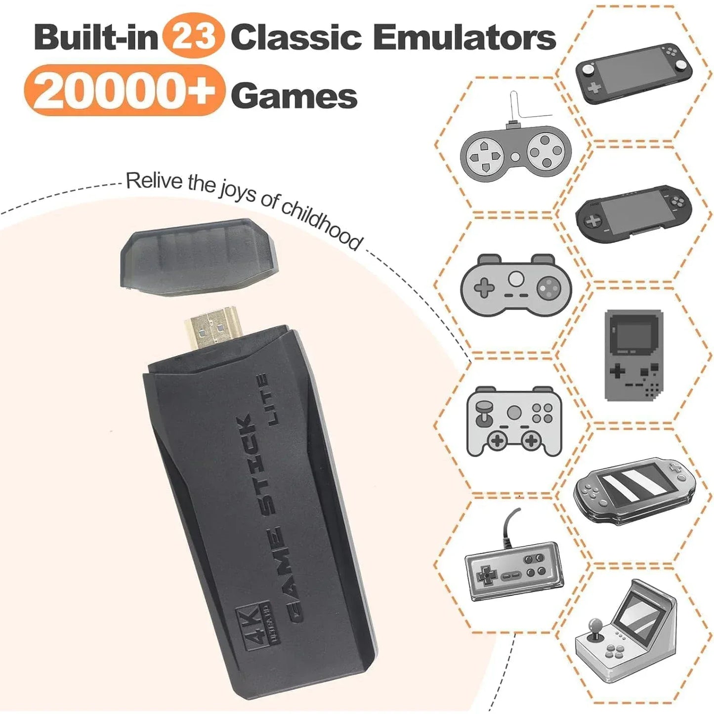 Wireless Retro Game Console, Retro Game Stick 23 Emulators 20,000+ Games 4k Hdmi 4GHz Wireless Controller Video Games for
