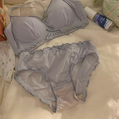 Wirefree Push Up Bra Set for Small Bust | French Ruffle Trim Silk Feel Thin Cups, Sweet Sexy Bralette | Hot MOYISU Sexy Panty AB