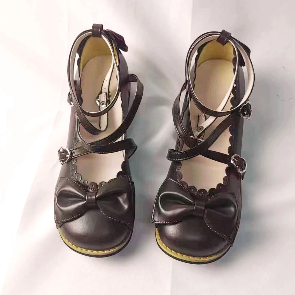 Lolita Shoes Women Flats Low Round With Cross Straps Bow Cute Girls Princess Tea Party Shoes Students Lovely Shoes Size 34-41