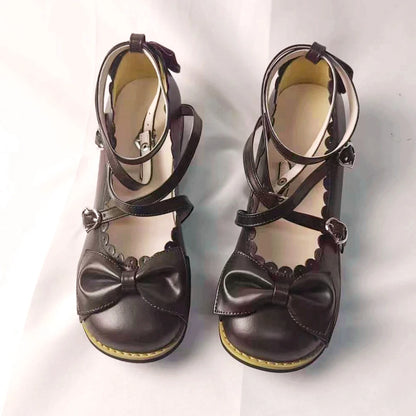 Lolita Shoes Women Flats Low Round With Cross Straps Bow Cute Girls Princess Tea Party Shoes Students Lovely Shoes Size 34-41