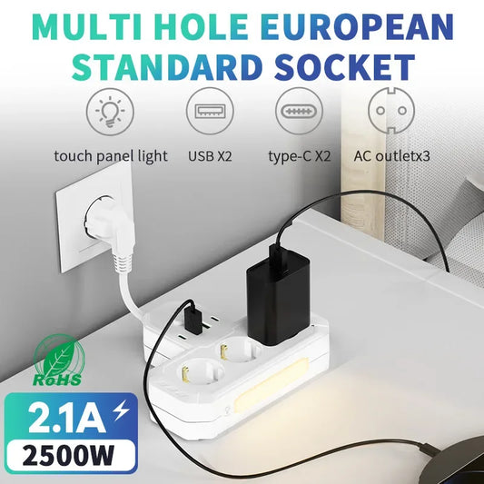 EU AC Plug Power Strip Wall Mounted 2 USB 2Type-C Switch Multitap Socket Network Filter With USB Charging Network Filter Adapter