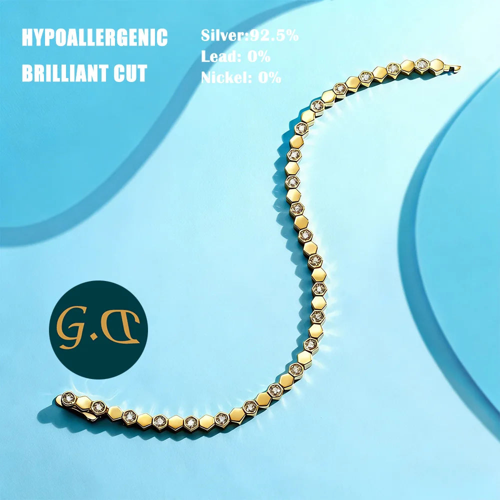 925 Sterling Silver 14K Gold Plated Moissanite Hexagon Tennis Bracelet for Women Color Sparkling Geometric Jewelry Gift