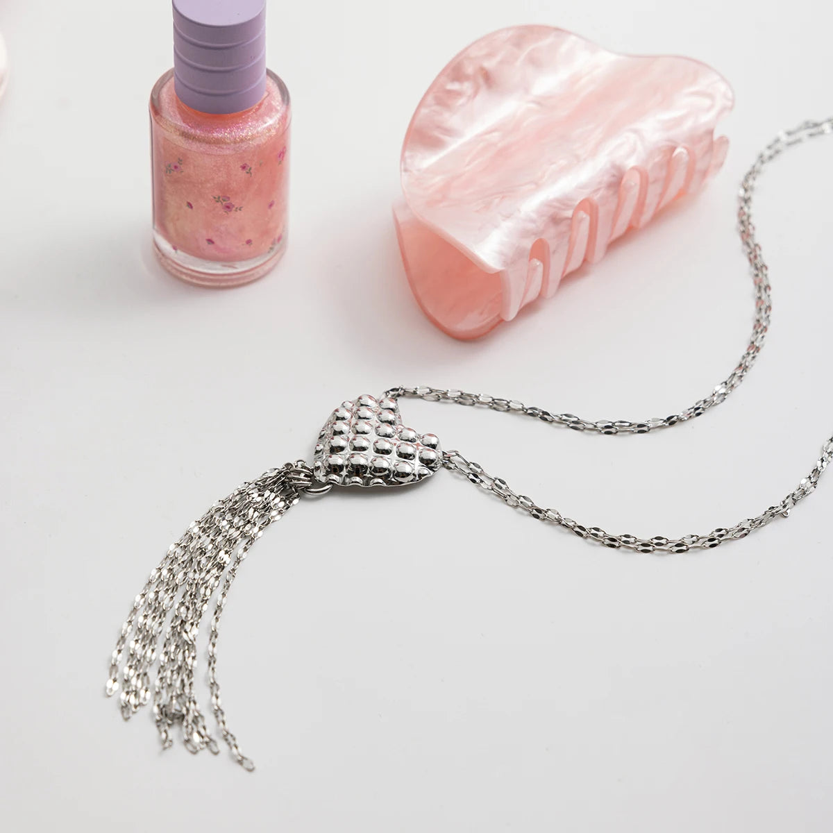 Zora Minimalist Style Silver-Plate Stainless Steel Heart Pendant Splicing Tassels Necklace Waterproof Women's Unique Jewelry